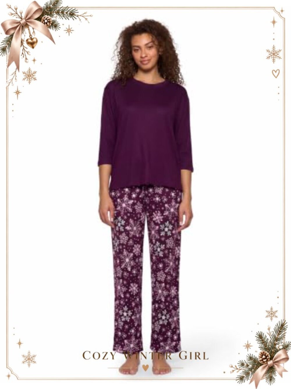 Brushed Loose Knit Pajama Set Crew Neck Top & Patterned Pants